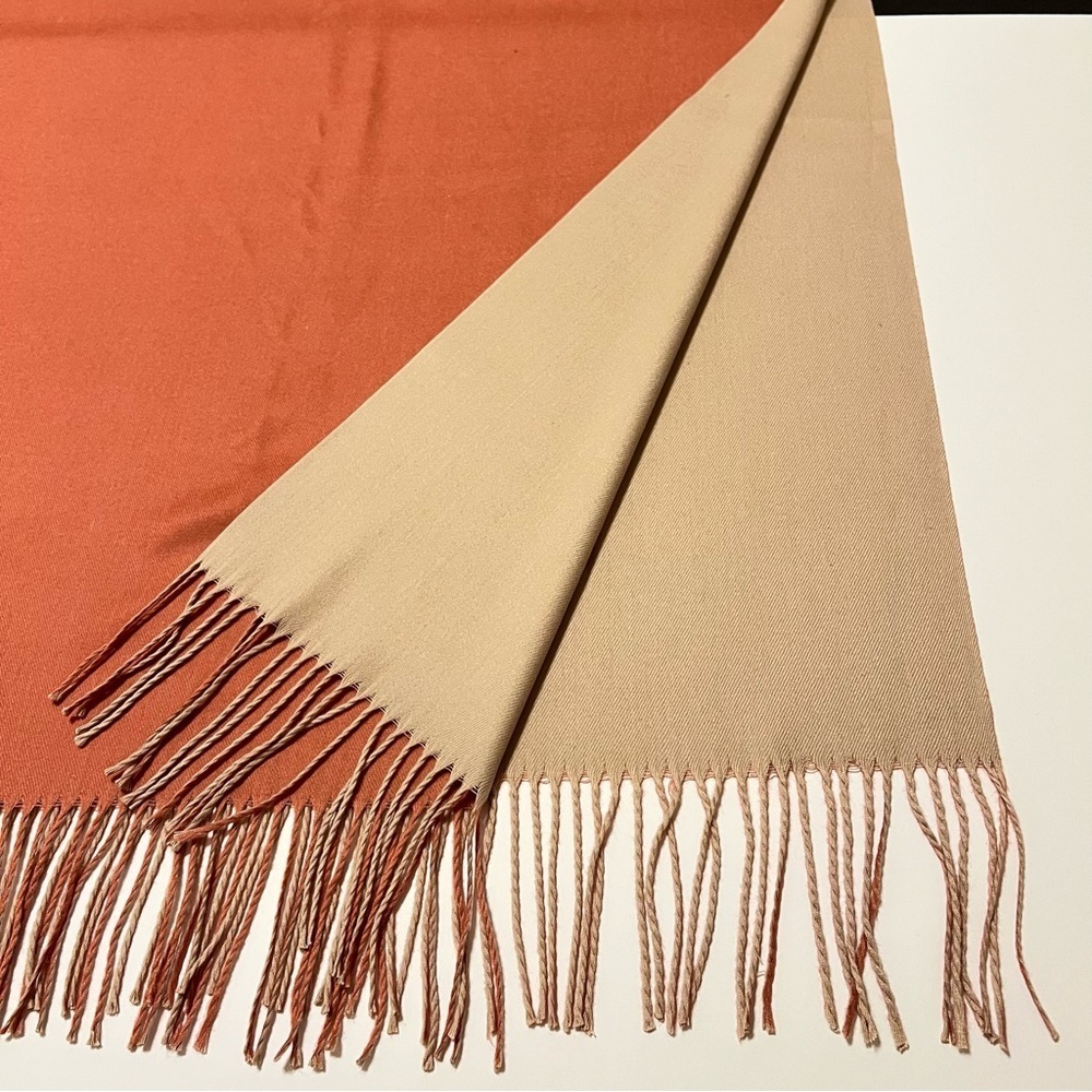 Minimalist two-tone faux cashmere scarf/wrap with fringed edges, cream/orange